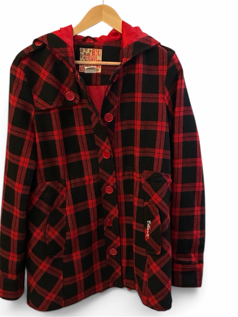 Vintage Billabong Red and Black Plaid Hooded womens Jacket